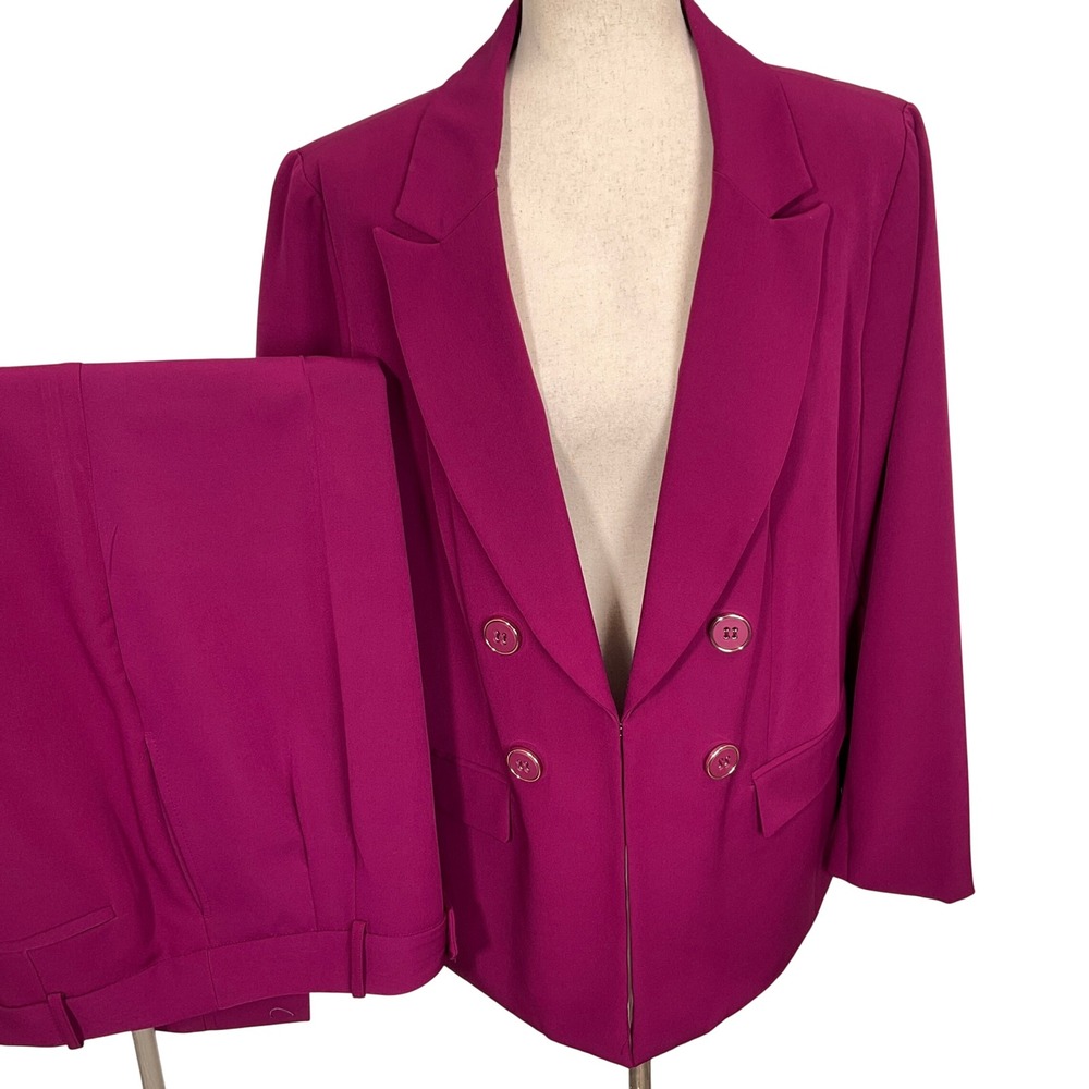 Worthington Suit Womens Blazer 16 Pants 10 Magenta Double Breasted Statement